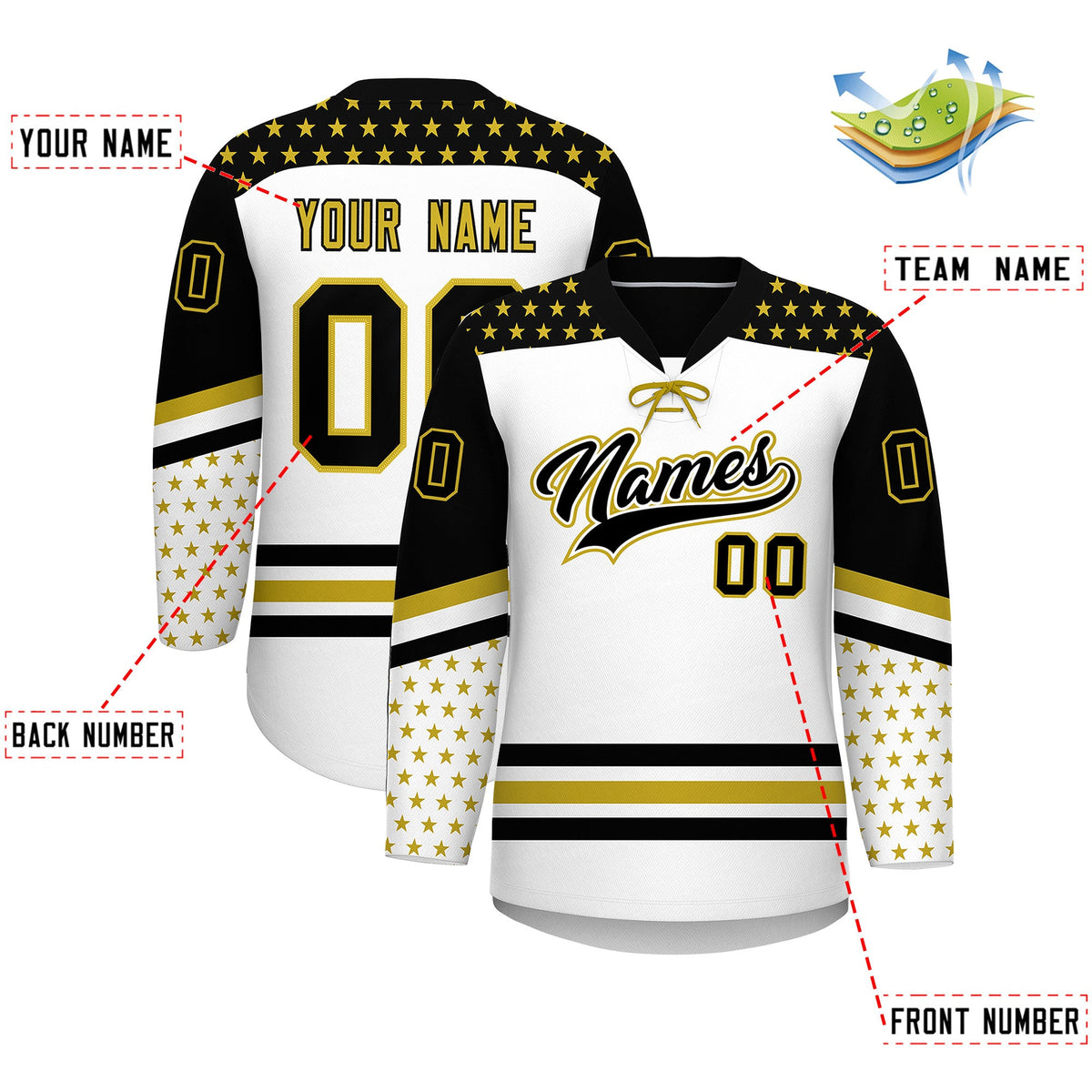 Custom White Black Old Gold Star Series Personalization Lace-Up Neck Hockey Jersey| KXKSHOP