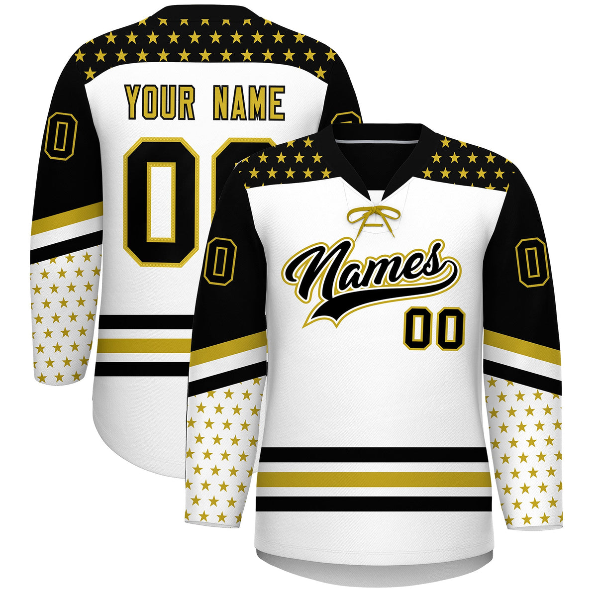 Custom White Black Old Gold Star Series Personalization Lace-Up Neck Hockey Jersey| KXKSHOP