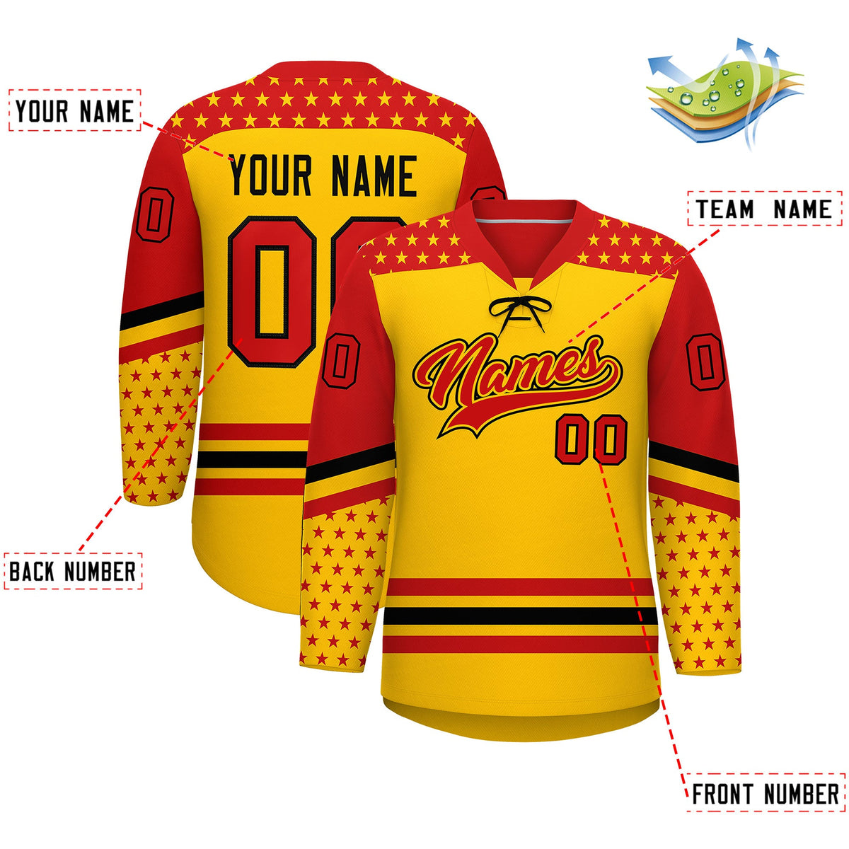 Custom Gold Red Black Star Series Personalization Lace-Up Neck Hockey Jersey| KXKSHOP