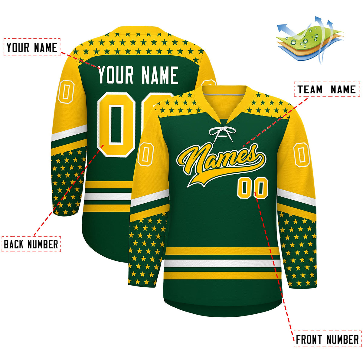 Custom Green Gold White Star Series Personalization Lace-Up Neck Hockey Jersey| KXKSHOP