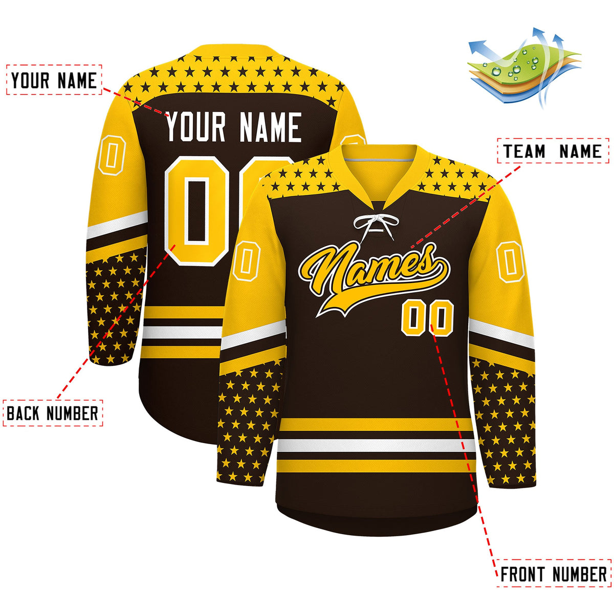 Custom Brown Gold White Star Series Personalization Lace-Up Neck Hockey Jersey| KXKSHOP