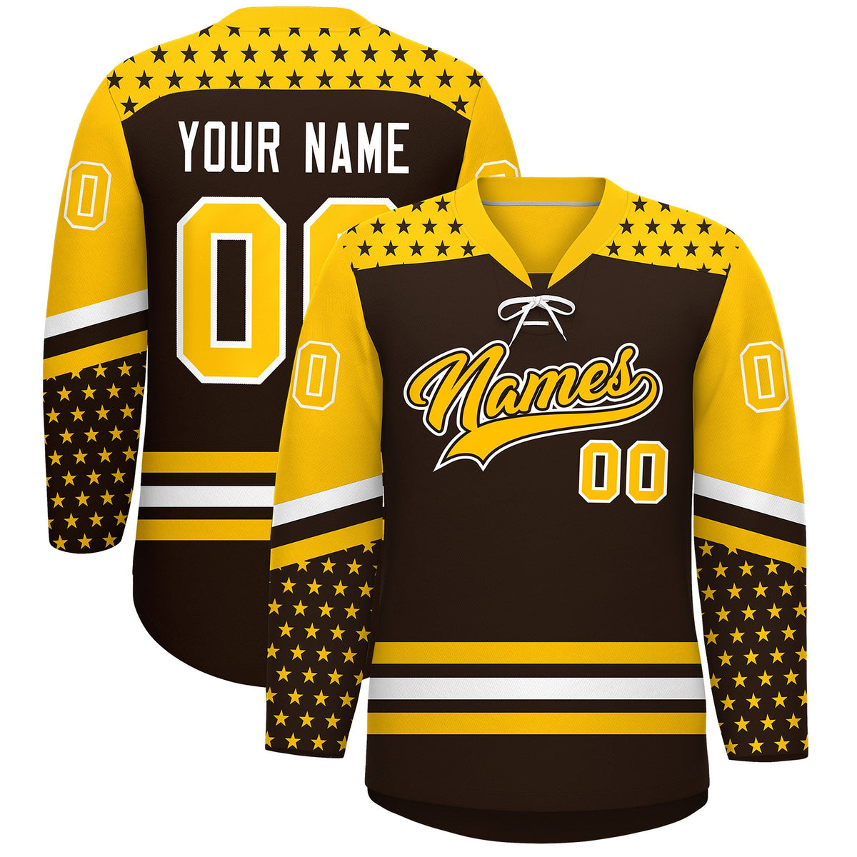 Custom Brown Gold White Star Series Personalization Lace-Up Neck Hockey Jersey| KXKSHOP