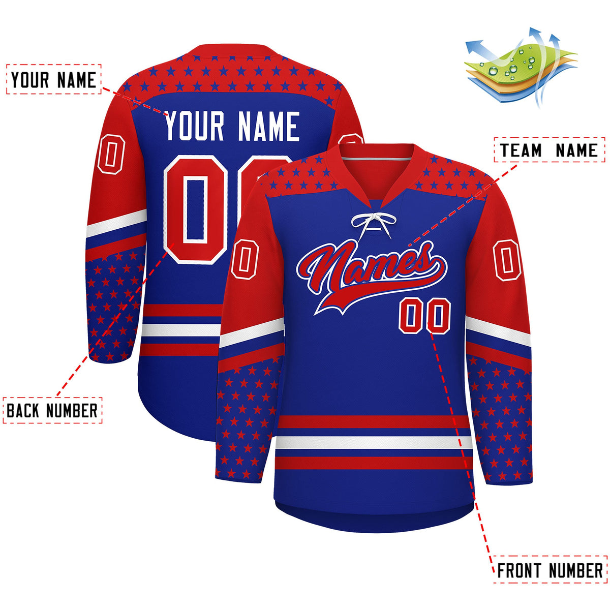 Custom Royal Blue Red White Star Series Personalization Lace-Up Neck Hockey Jersey| KXKSHOP