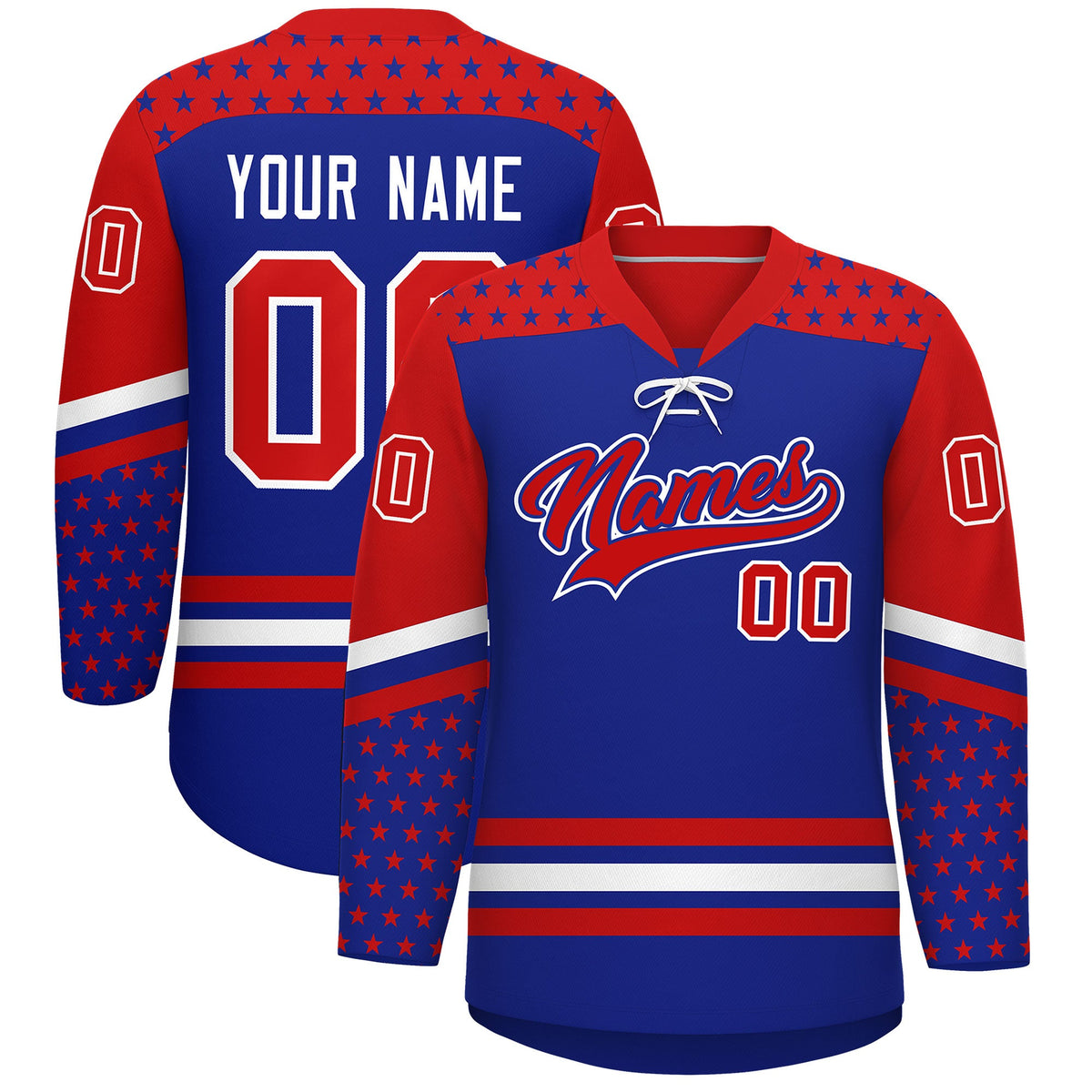 Custom Royal Blue Red White Star Series Personalization Lace-Up Neck Hockey Jersey| KXKSHOP
