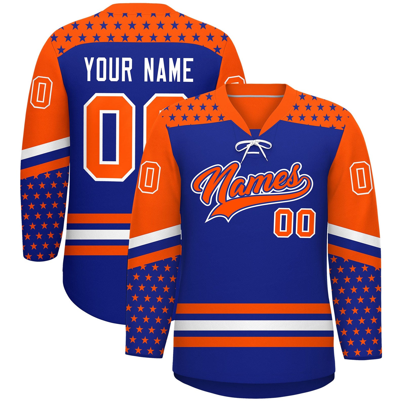 Custom Royal Blue Orange White Star Series Personalization Lace-Up Neck Hockey Jersey| KXKSHOP