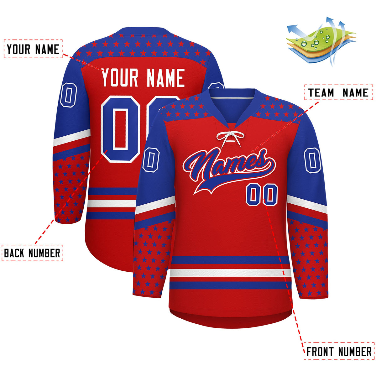 Custom Red Royal Blue White Star Series Personalization Lace-Up Neck Hockey Jersey| KXKSHOP