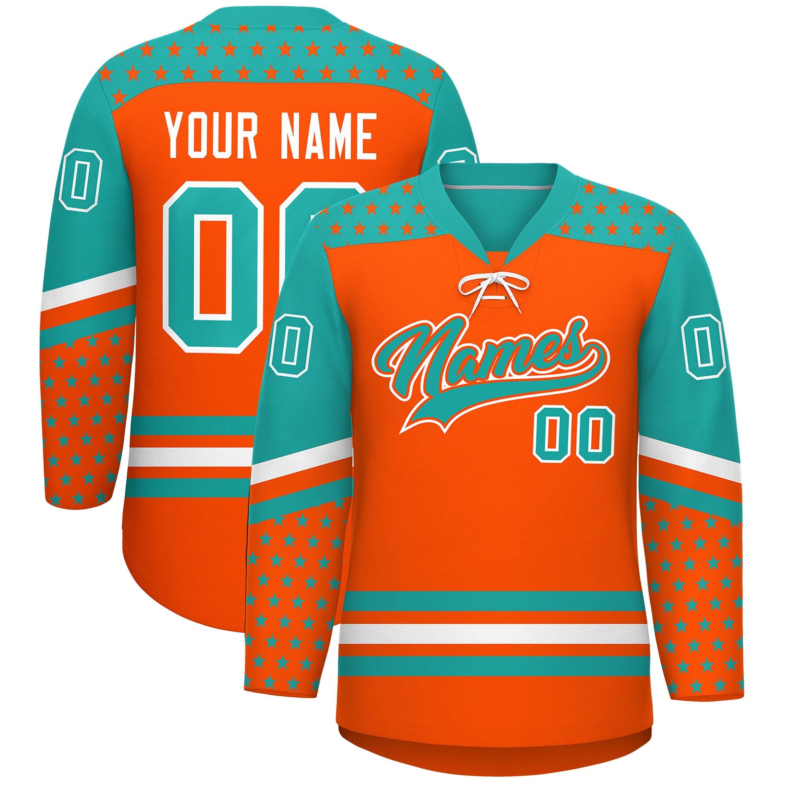 Custom Orange Aqua White Star Series Personalization Lace-Up Neck Hockey Jersey| KXKSHOP