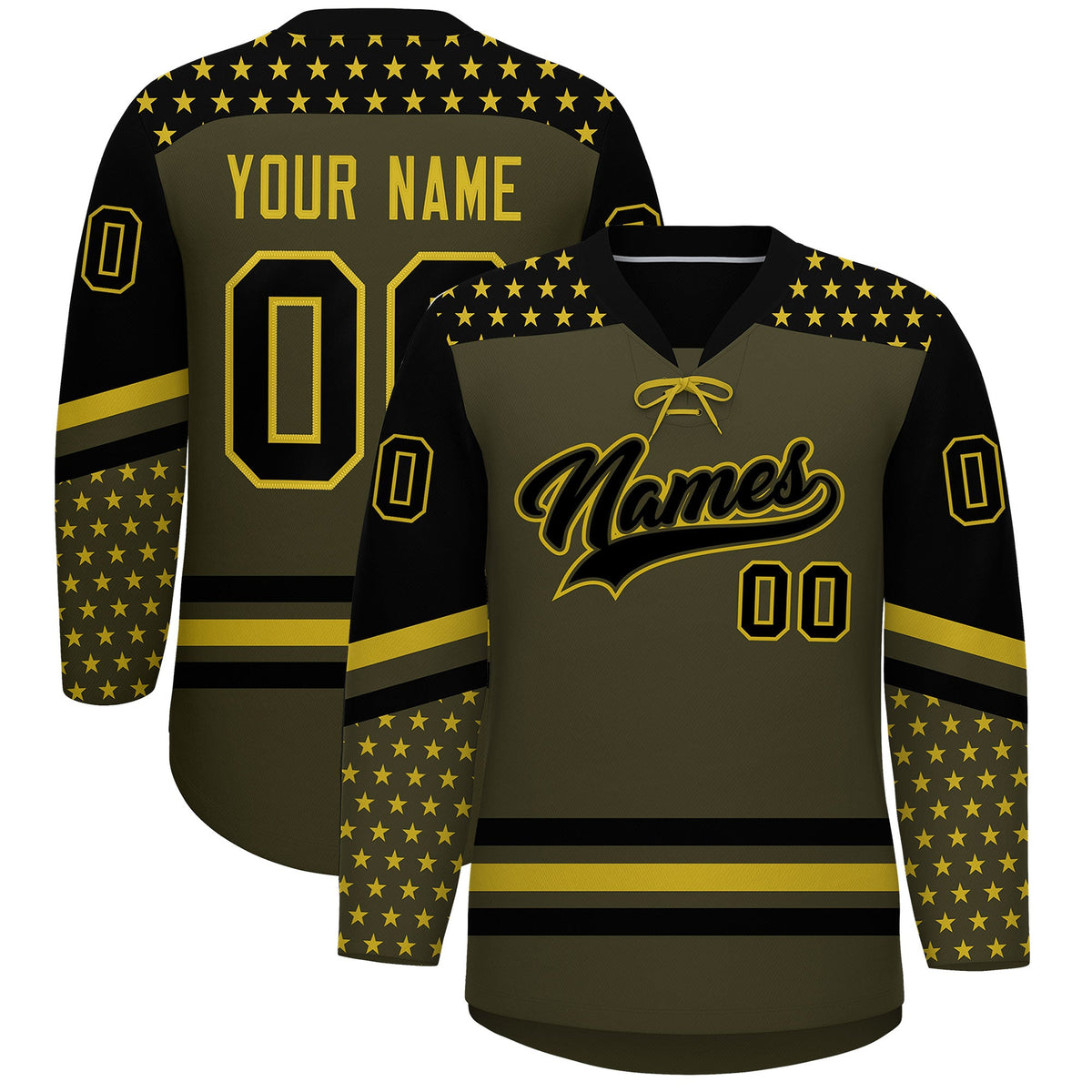 Custom Olive Black Old Gold Star Series Personalization Lace-Up Neck Hockey Jersey| KXKSHOP