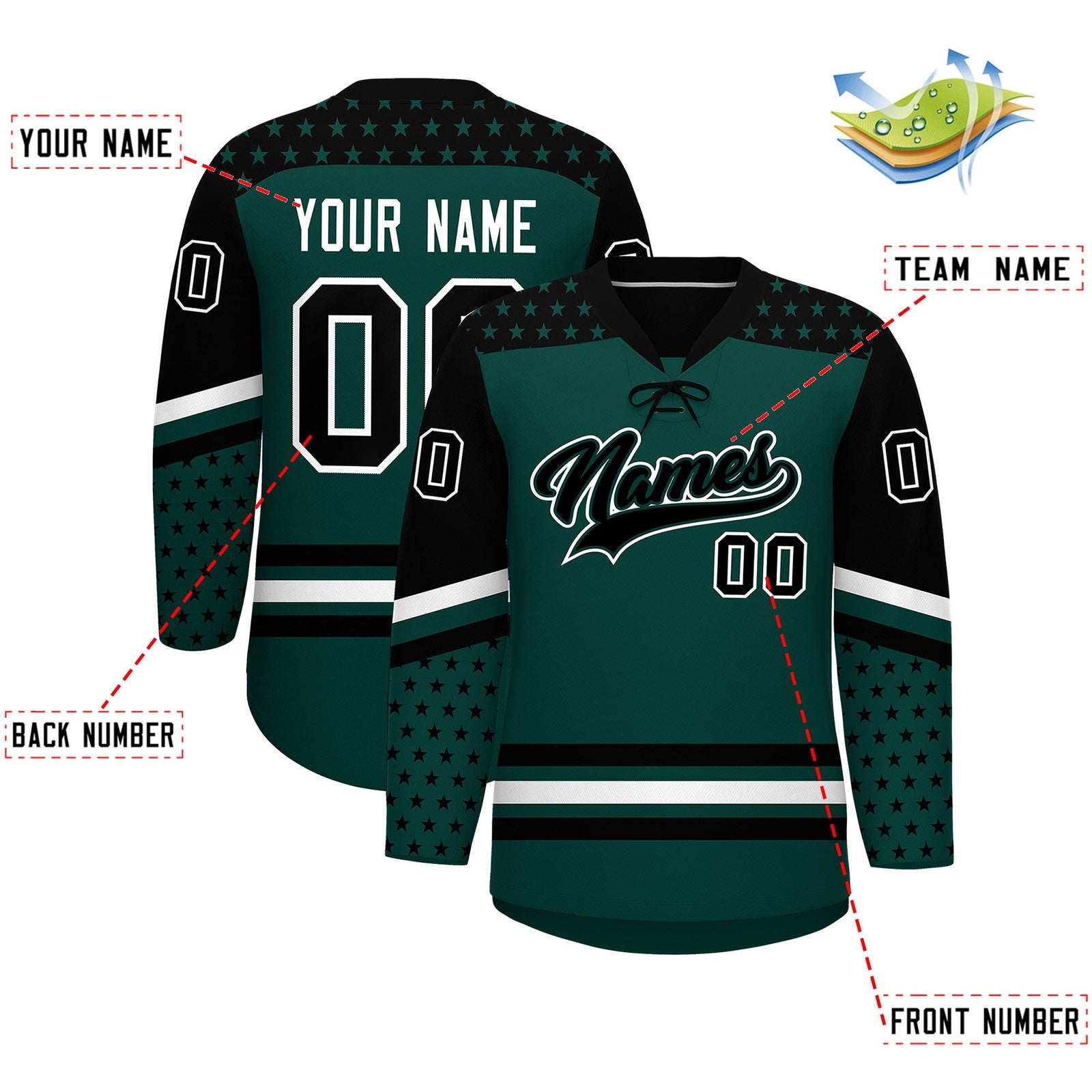 Custom Midnight Green Black White Star Series Personalization Lace-Up Neck Hockey Jersey| KXKSHOP