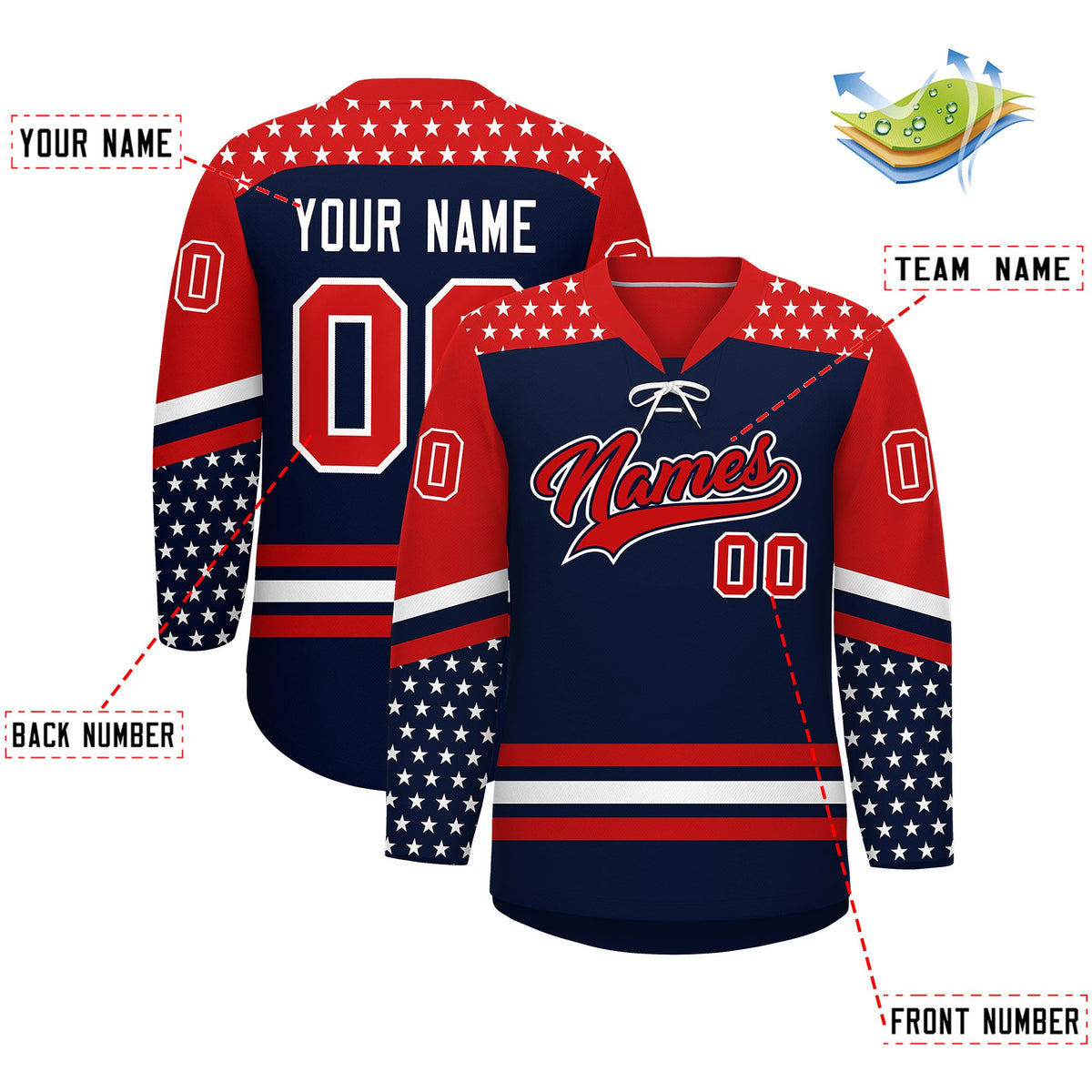 Custom Navy Red White Star Series Personalization Lace-Up Neck Hockey Jersey| KXKSHOP