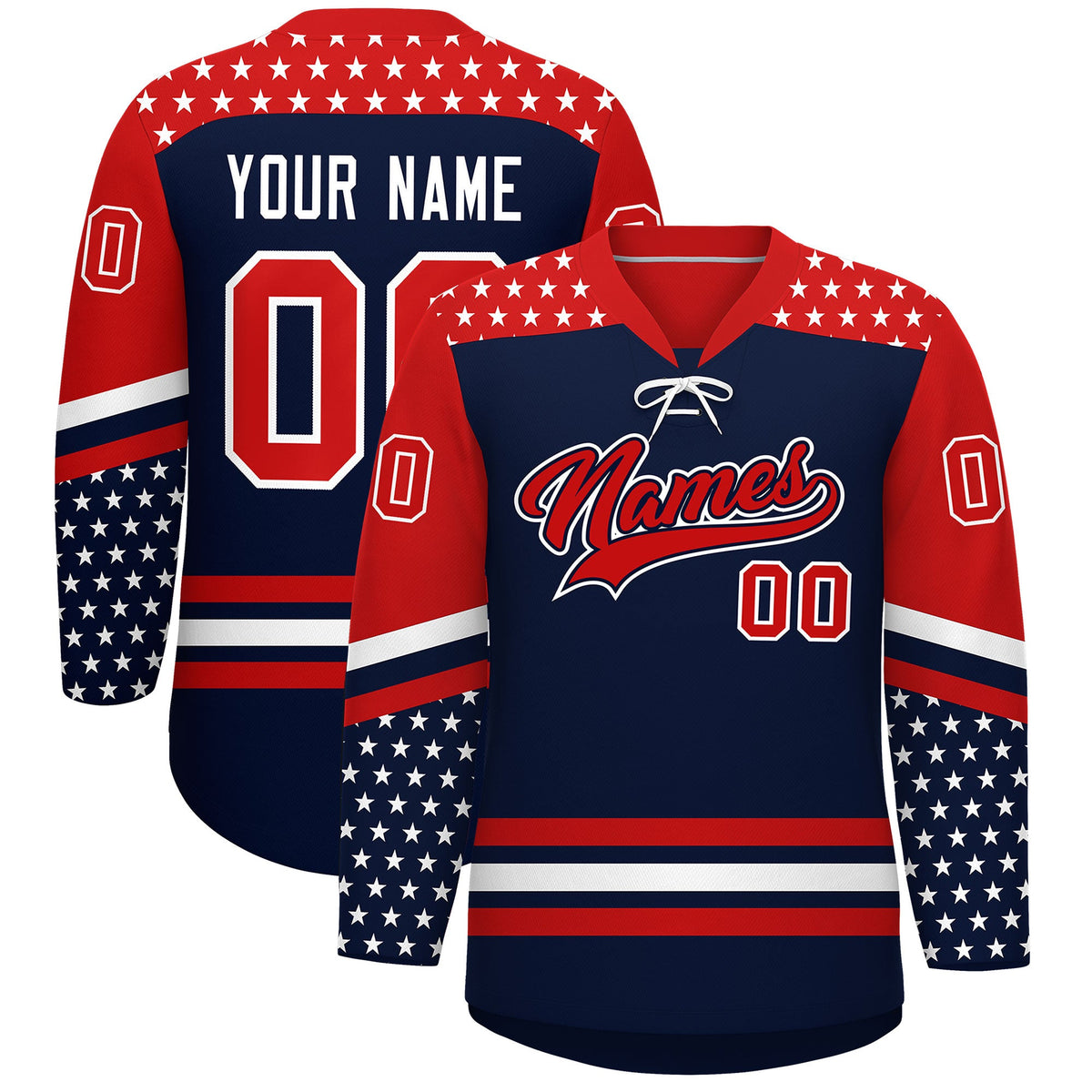 Custom Navy Red White Star Series Personalization Lace-Up Neck Hockey Jersey| KXKSHOP
