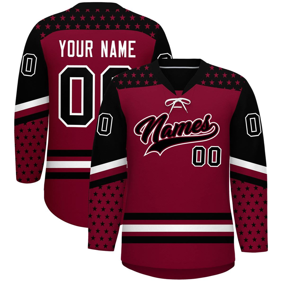 Custom Crimson Black White Star Series Personalization Lace-Up Neck Hockey Jersey| KXKSHOP