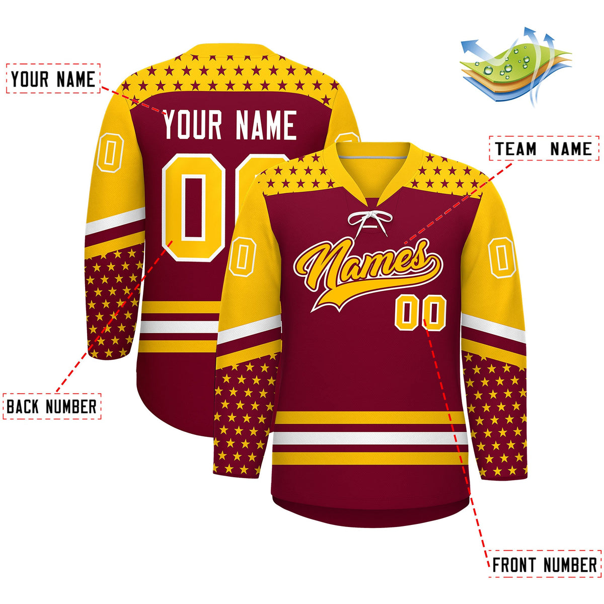Custom Crimson Gold White Star Series Personalization Lace-Up Neck Hockey Jersey| KXKSHOP