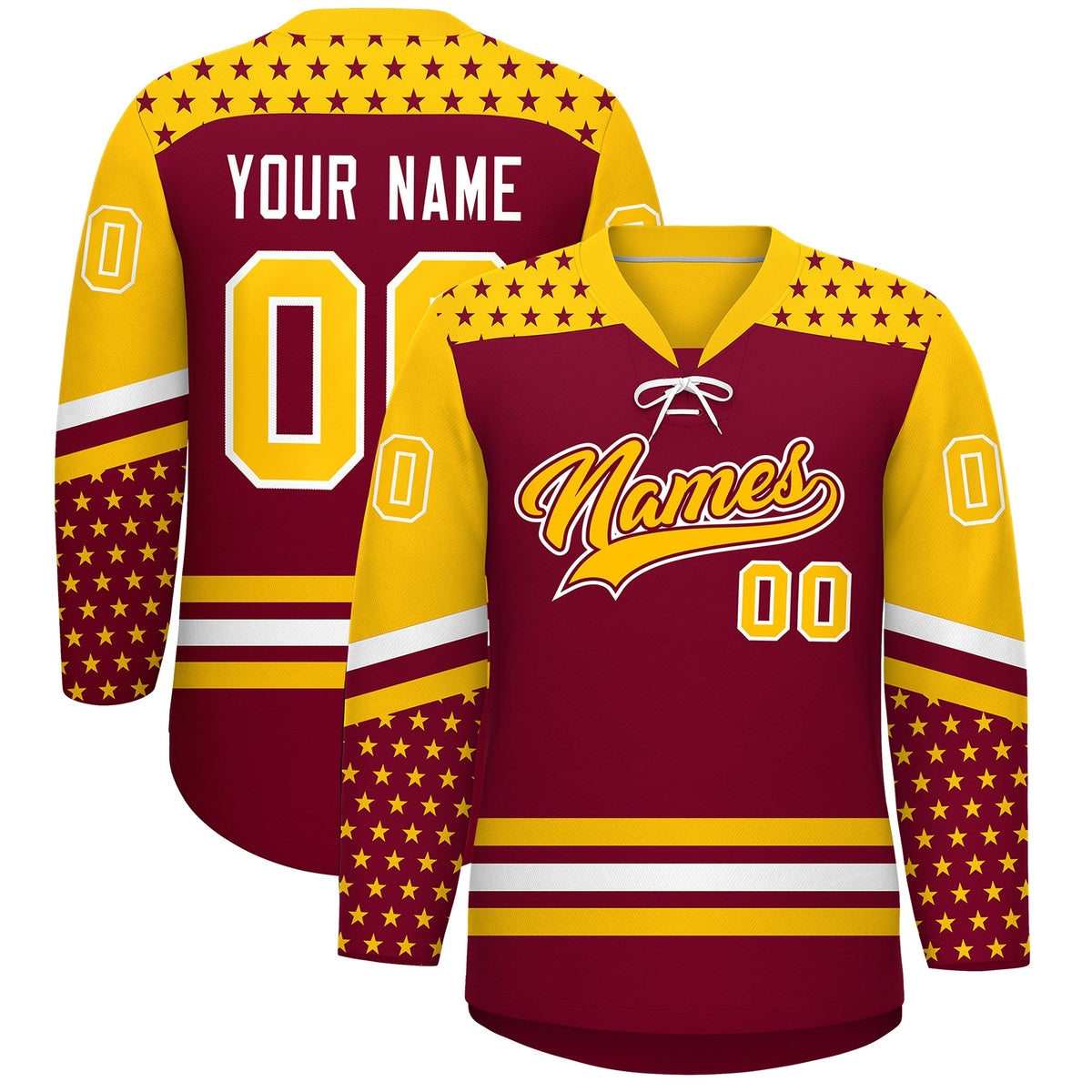 Custom Crimson Gold White Star Series Personalization Lace-Up Neck Hockey Jersey| KXKSHOP