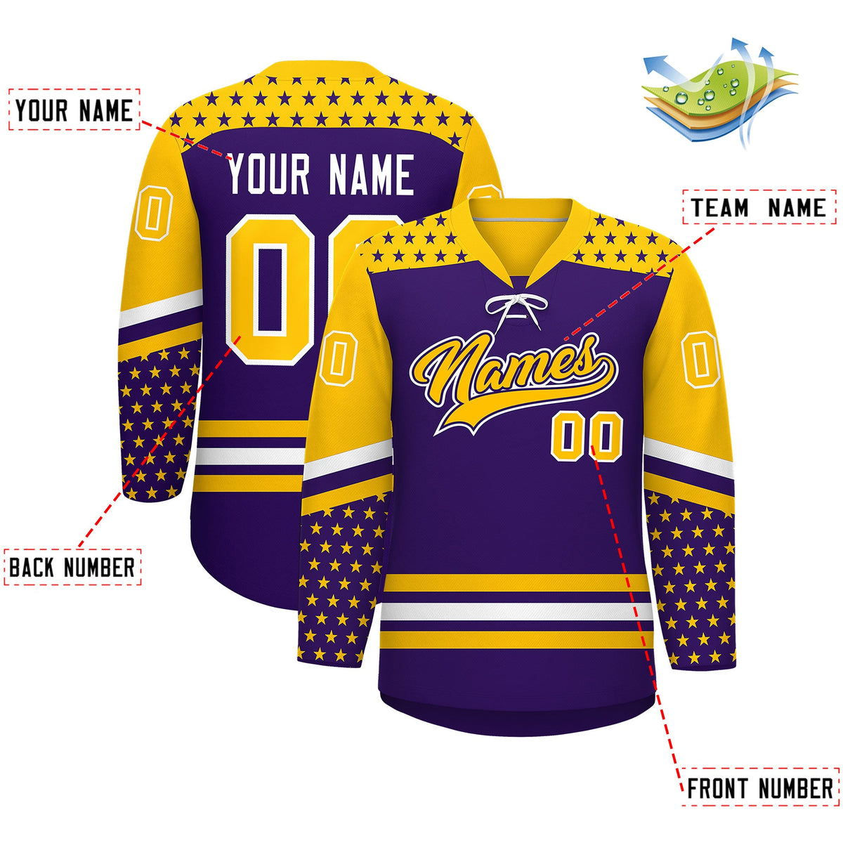 Custom Purple Gold White Star Series Personalization Lace-Up Neck Hockey Jersey| KXKSHOP