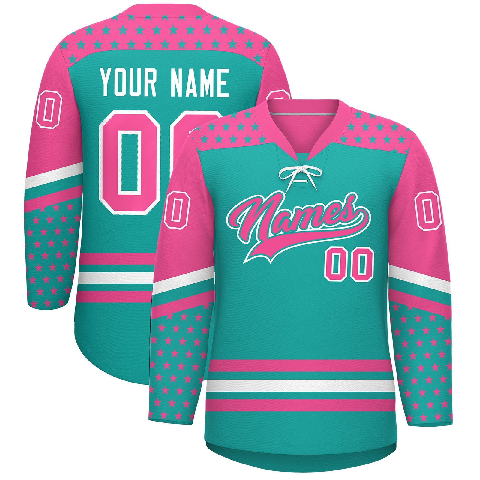 Custom Aqua Pink White Star Series Personalization Lace-Up Neck Hockey Jersey| KXKSHOP