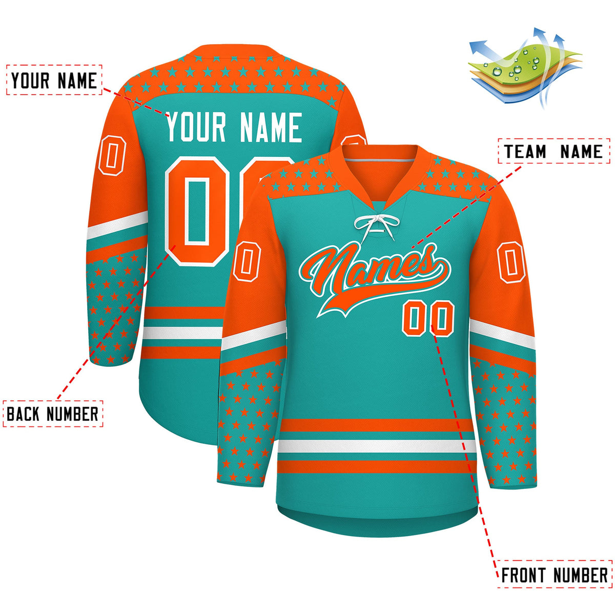 Custom Aqua Orange White Star Series Personalization Lace-Up Neck Hockey Jersey| KXKSHOP