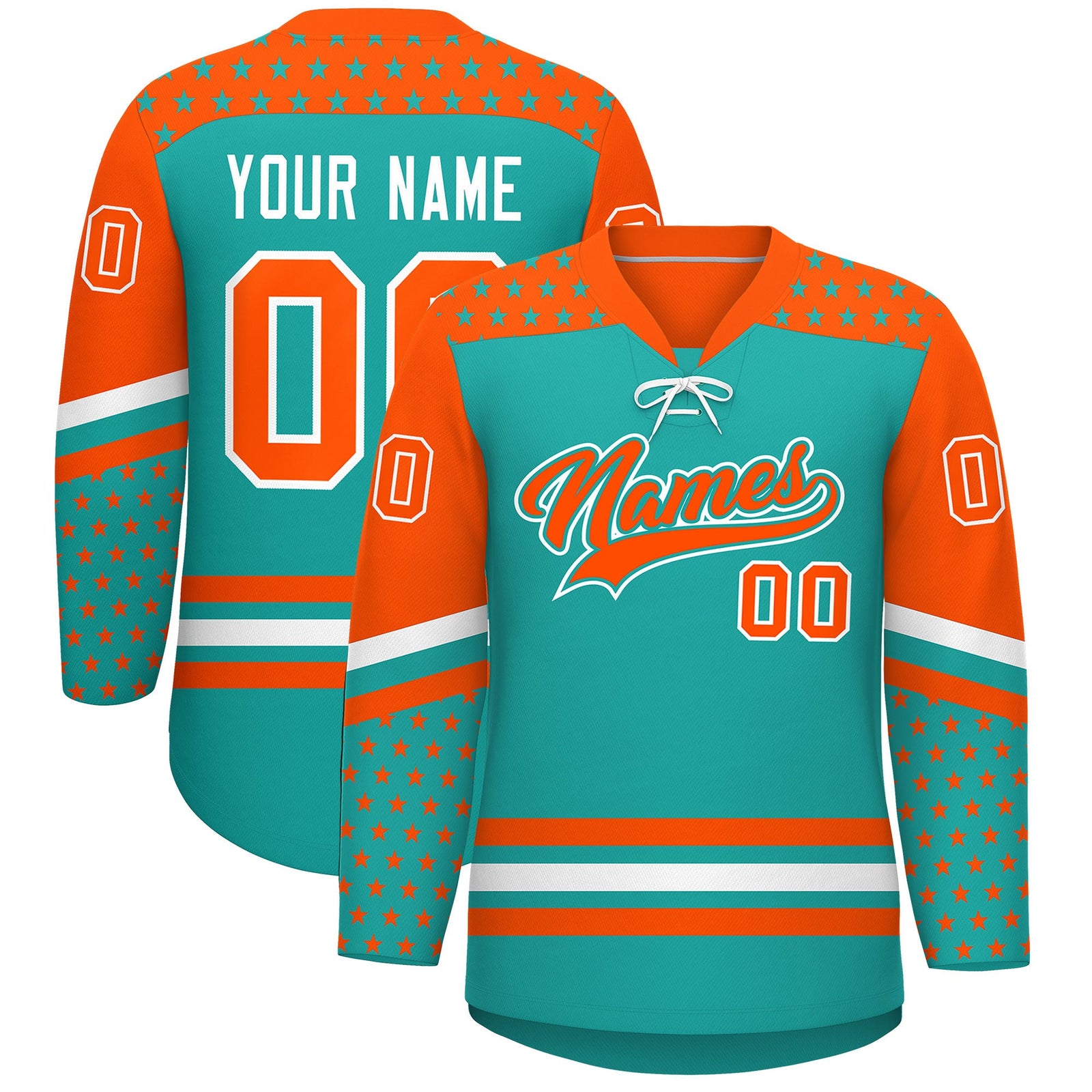 Custom Aqua Orange White Star Series Personalization Lace-Up Neck Hockey Jersey| KXKSHOP