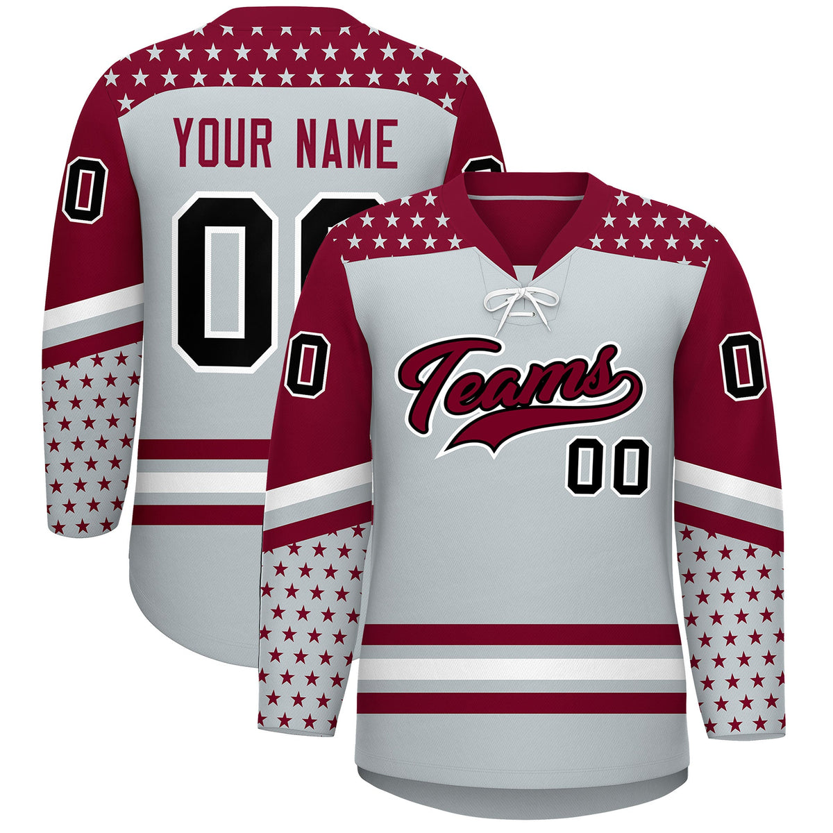 Custom Silver Crimson White Star Series Personalization Lace-Up Neck Hockey Jersey| KXKSHOP