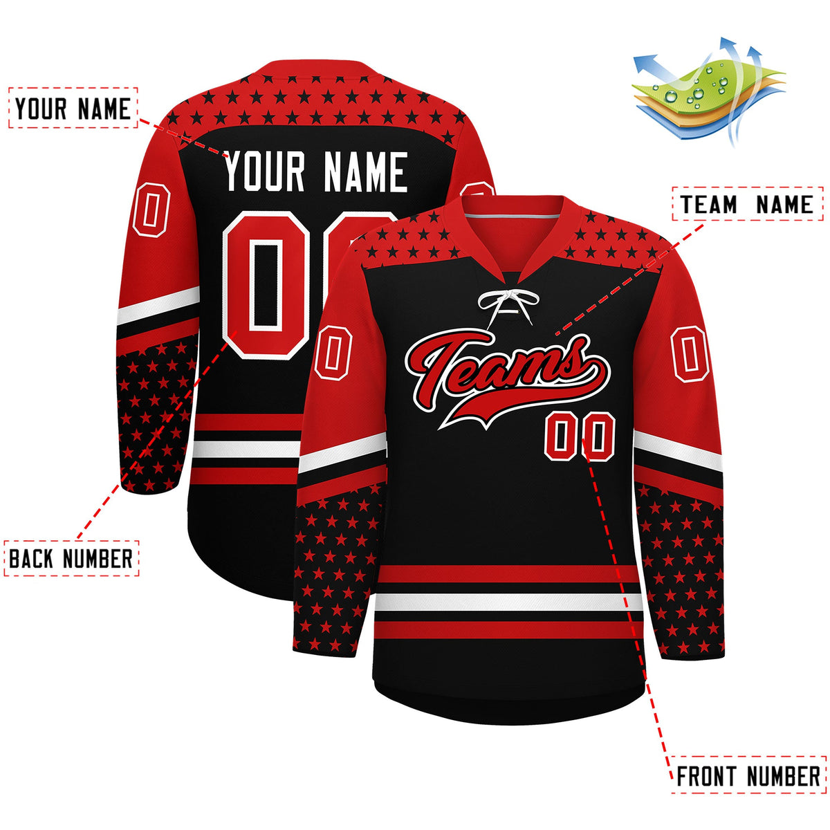 Custom Black Red White Star Series Personalization Lace-Up Neck Hockey Jersey| KXKSHOP