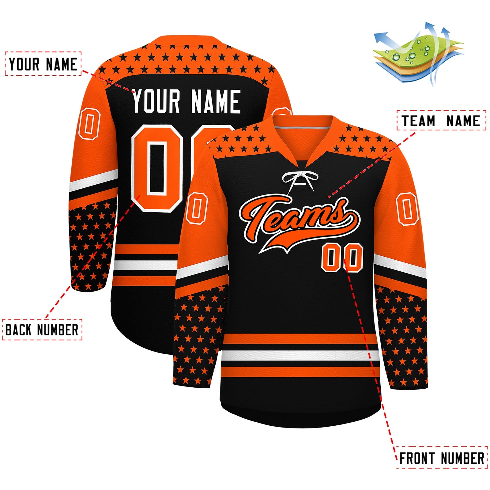 Custom Black Orange White Star Series Personalization Lace-Up Neck Hockey Jersey| KXKSHOP