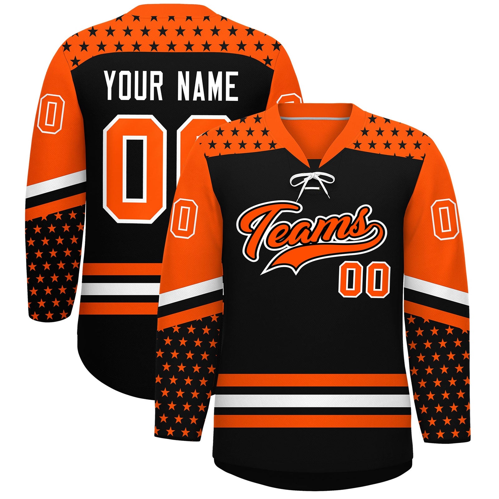 Custom Black Orange White Star Series Personalization Lace-Up Neck Hockey Jersey| KXKSHOP