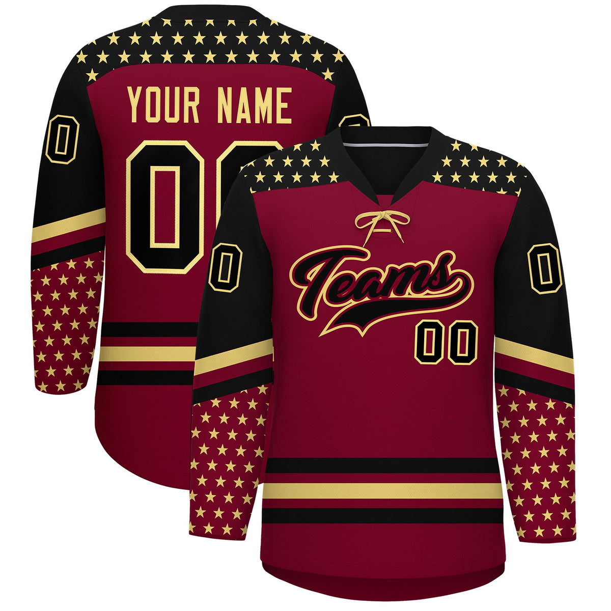 Custom Crimson Black Khaki Star Series Personalization Lace-Up Neck Hockey Jersey| KXKSHOP