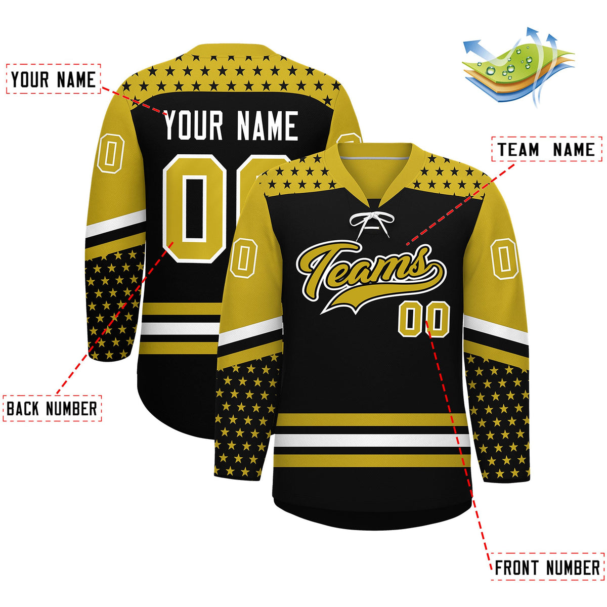 Custom Black Old Gold White Star Series Personalization Lace-Up Neck Hockey Jersey| KXKSHOP