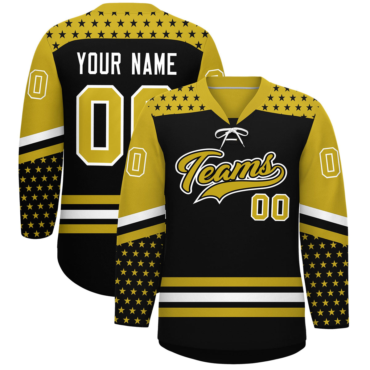 Custom Black Old Gold White Star Series Personalization Lace-Up Neck Hockey Jersey| KXKSHOP