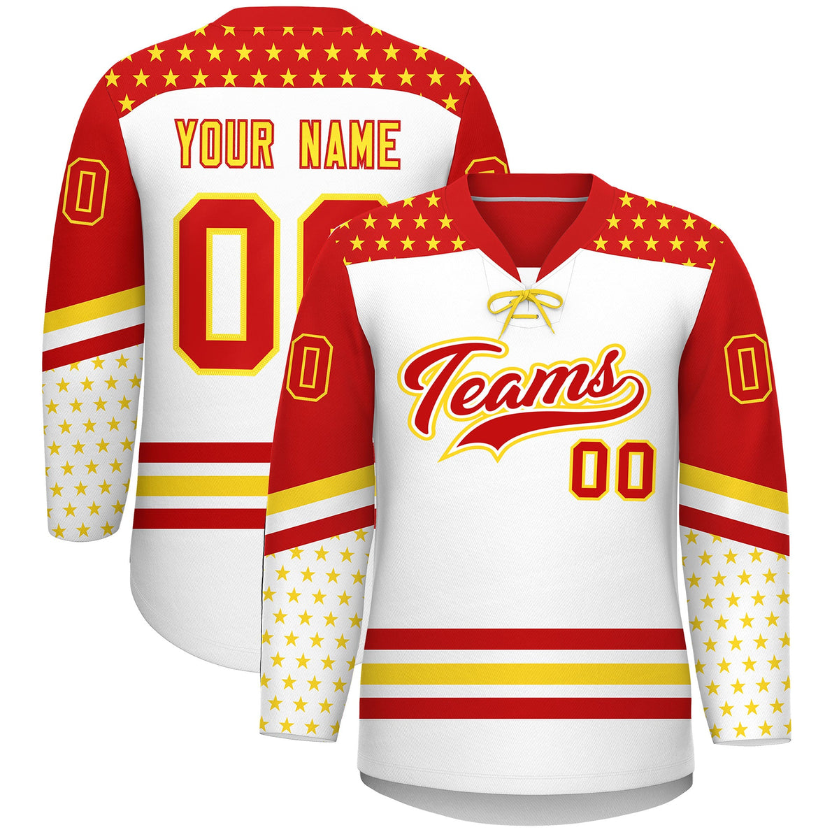 Custom White Red Gold Star Series Personalization Lace-Up Neck Hockey Jersey| KXKSHOP