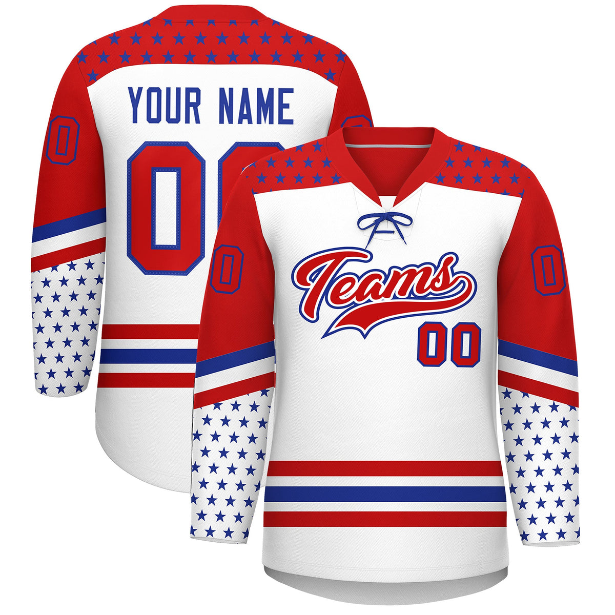 Custom White Red Royal Blue Star Series Personalization Lace-Up Neck Hockey Jersey| KXKSHOP