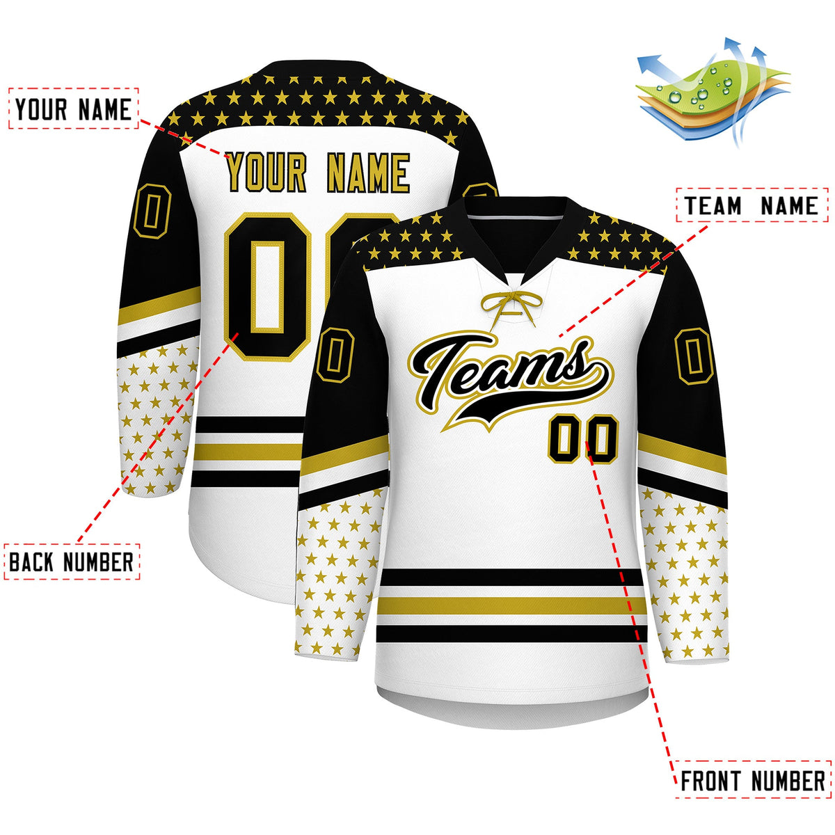 Custom White Black Old Gold Star Series Personalization Lace-Up Neck Hockey Jersey| KXKSHOP