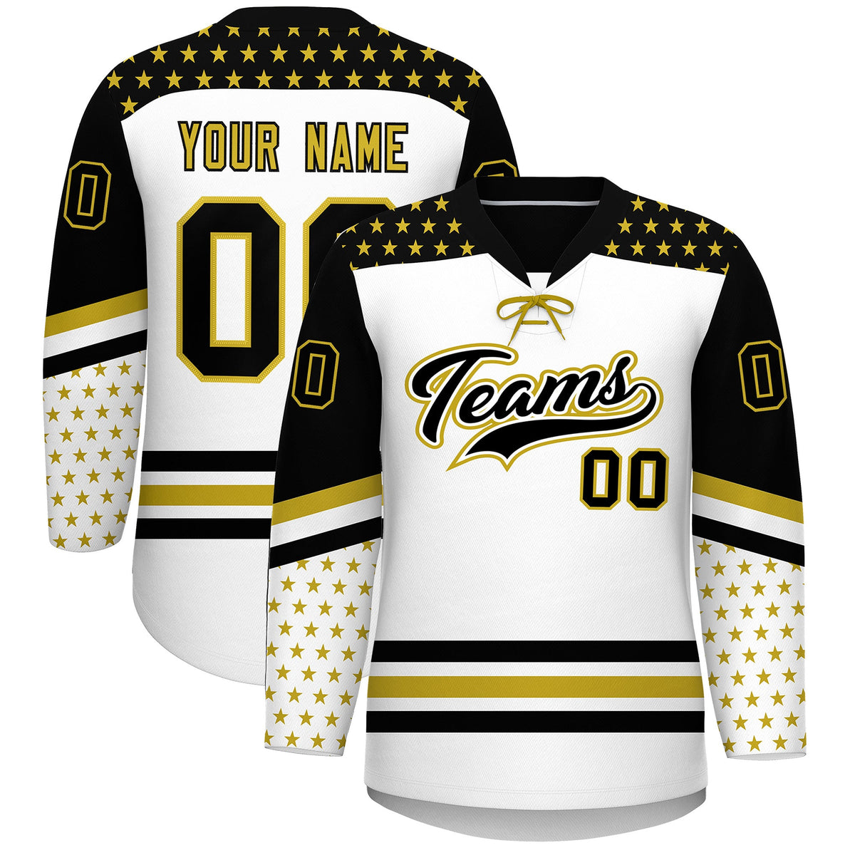 Custom White Black Old Gold Star Series Personalization Lace-Up Neck Hockey Jersey| KXKSHOP