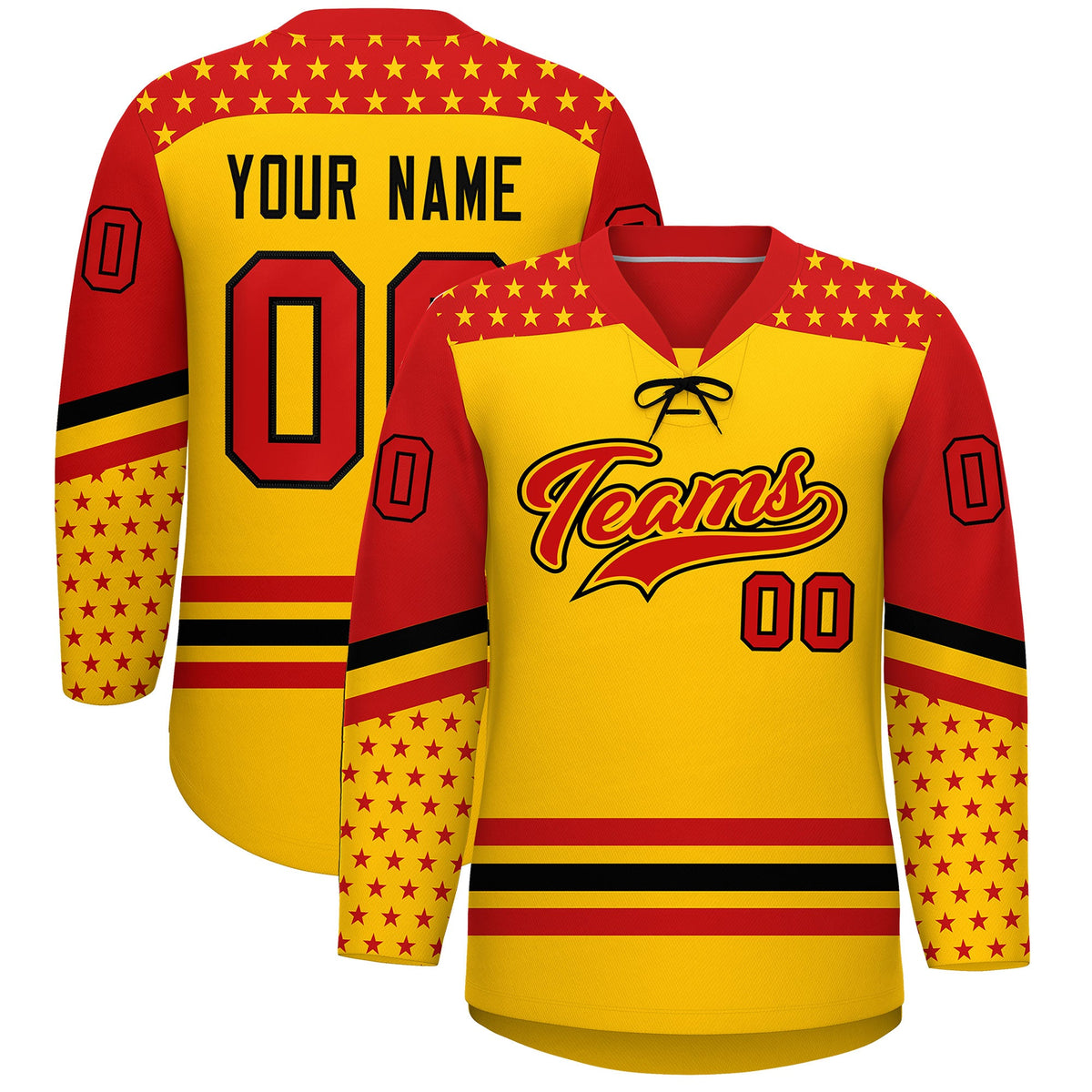 Custom Gold Red Black Star Series Personalization Lace-Up Neck Hockey Jersey| KXKSHOP