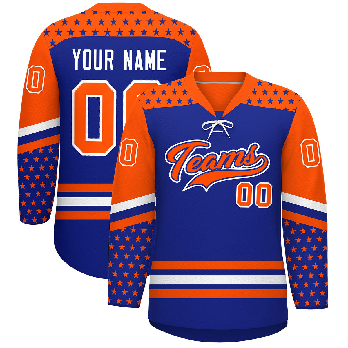 Custom Royal Blue Orange White Star Series Personalization Lace-Up Neck Hockey Jersey| KXKSHOP