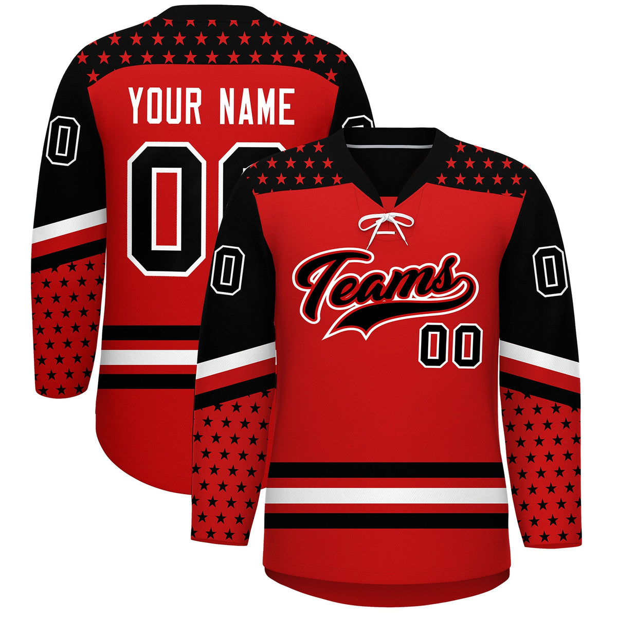 Custom Red Black White Star Series Personalization Lace-Up Neck Hockey Jersey| KXKSHOP