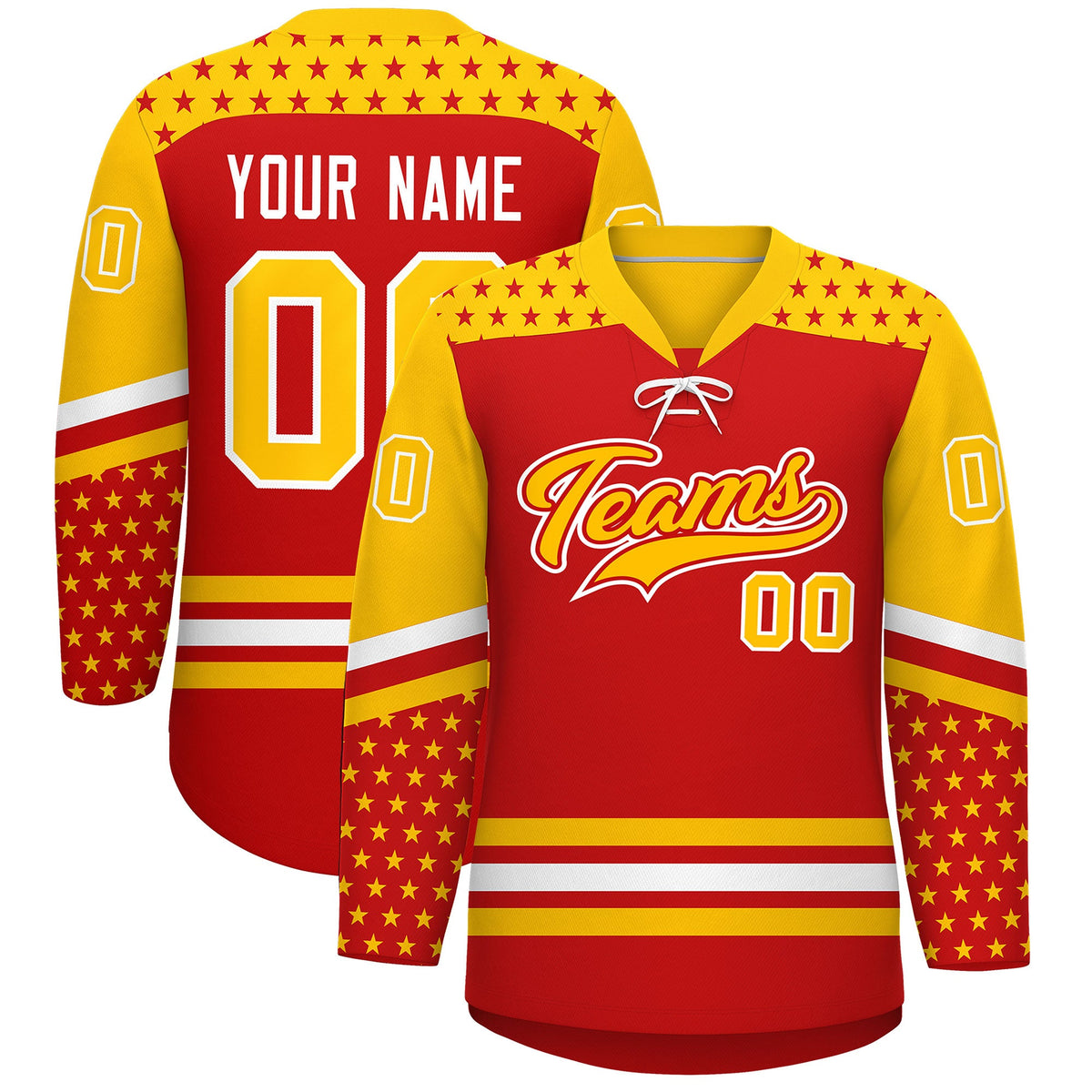 Custom Red Gold White Star Series Personalization Lace-Up Neck Hockey Jersey| KXKSHOP