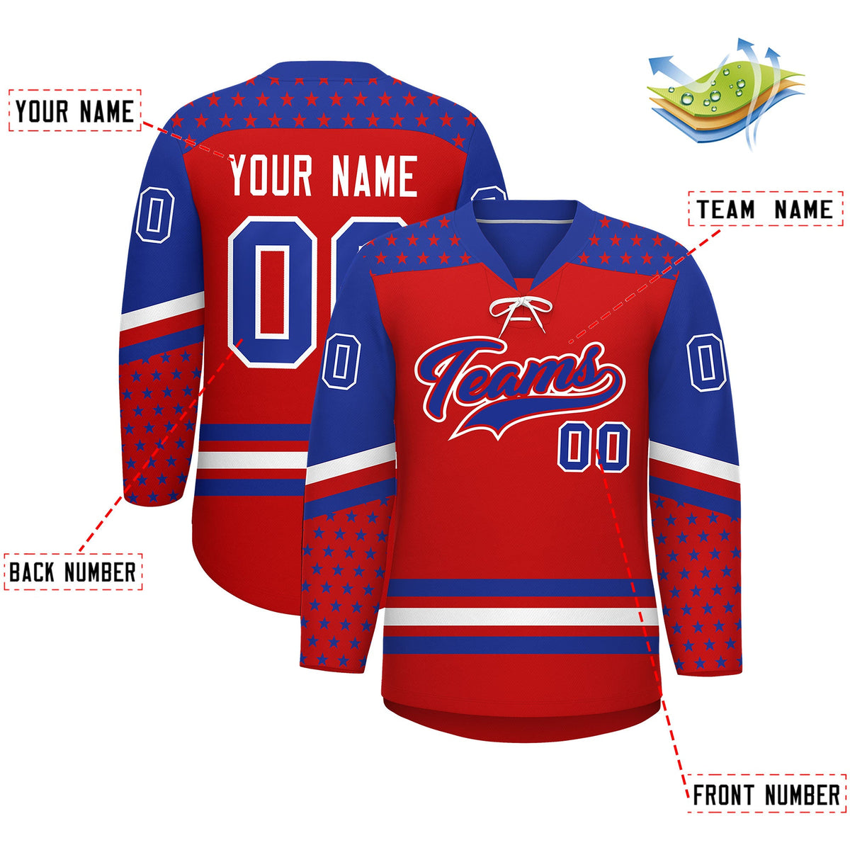 Custom Red Royal Blue White Star Series Personalization Lace-Up Neck Hockey Jersey| KXKSHOP