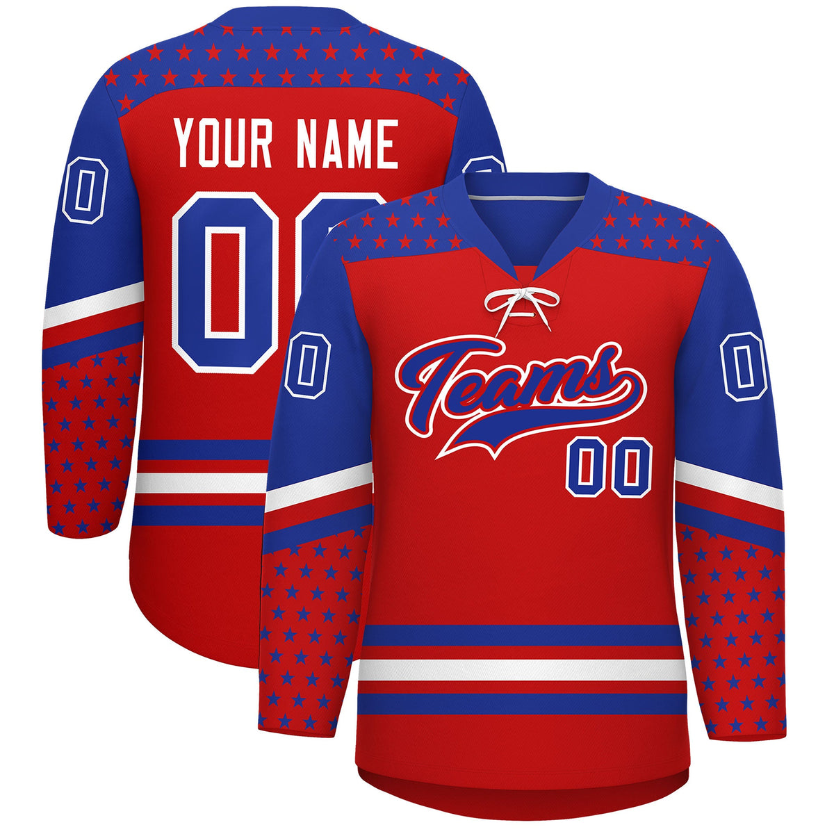 Custom Red Royal Blue White Star Series Personalization Lace-Up Neck Hockey Jersey| KXKSHOP
