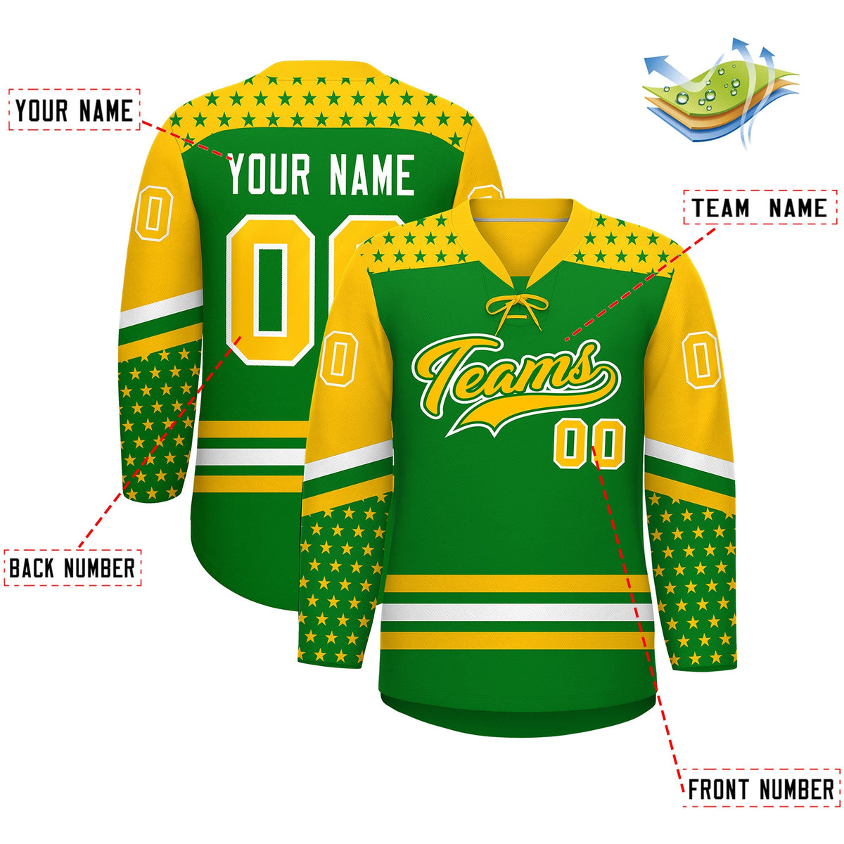 Custom Kelly Green Gold White Star Series Personalization Lace-Up Neck Hockey Jersey| KXKSHOP