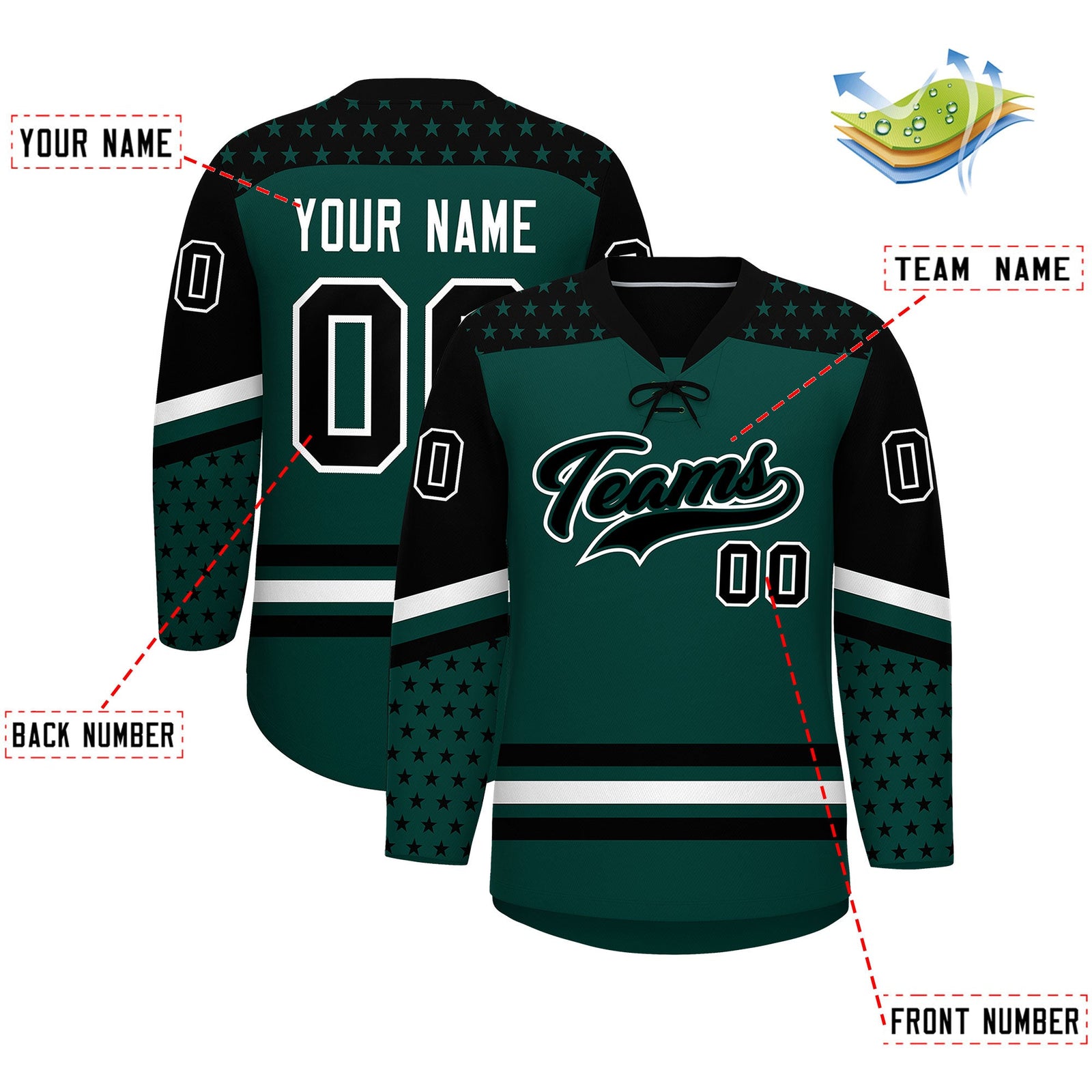 Custom Midnight Green Black White Star Series Personalization Lace-Up Neck Hockey Jersey| KXKSHOP