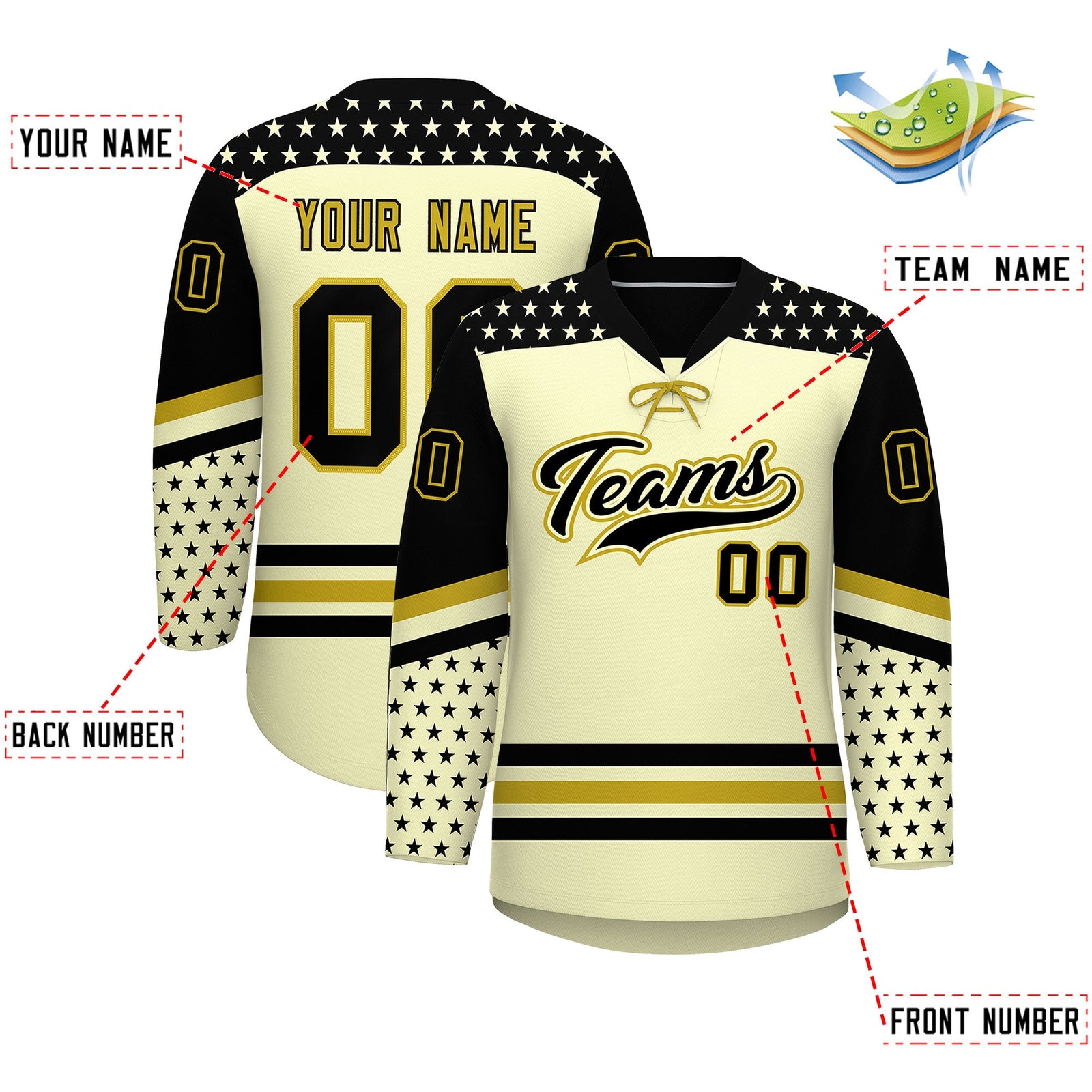 Custom Cream Black Old Gold Star Series Personalization Lace-Up Neck Hockey Jersey| KXKSHOP