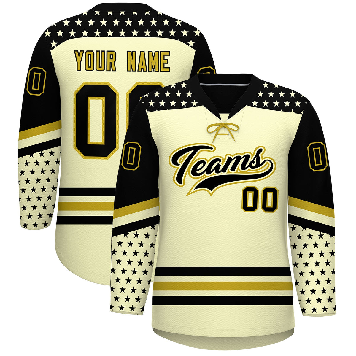 Custom Cream Black Old Gold Star Series Personalization Lace-Up Neck Hockey Jersey| KXKSHOP