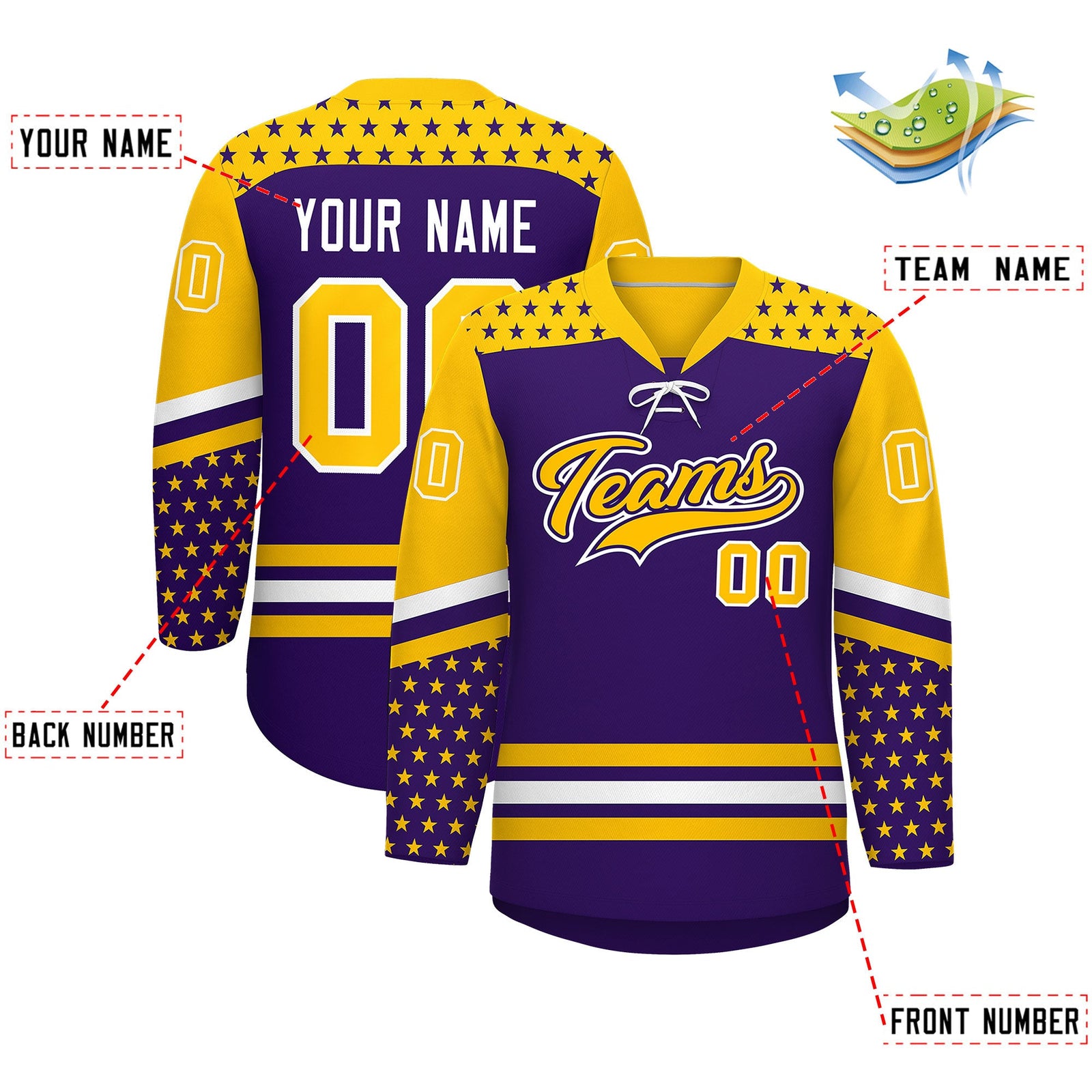 Custom Purple Gold White Star Series Personalization Lace-Up Neck Hockey Jersey| KXKSHOP