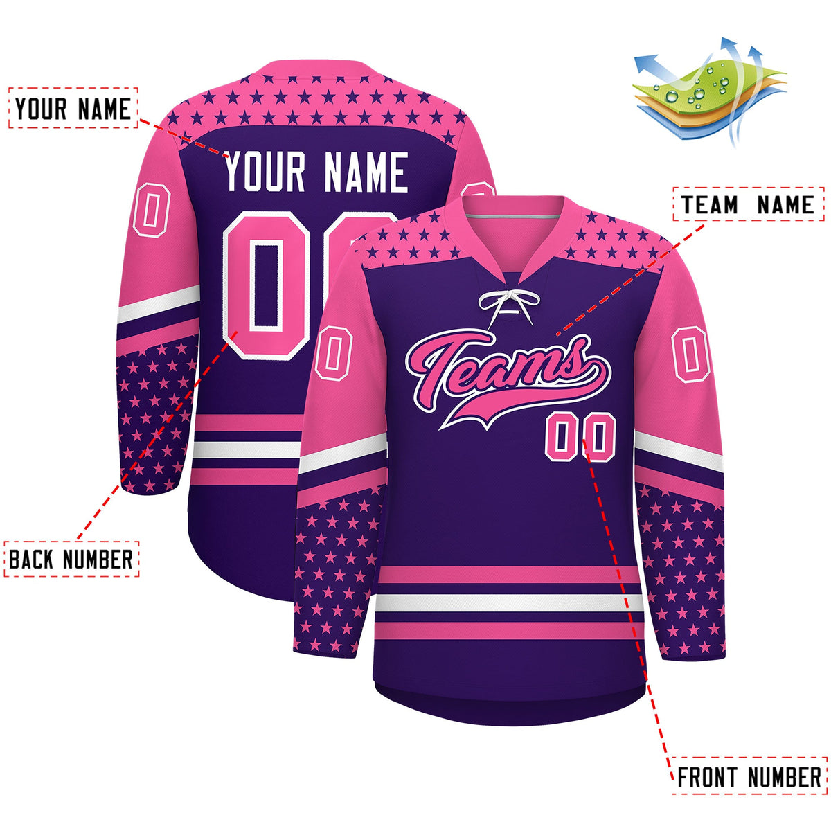 Custom Purple Pink White Star Series Personalization Lace-Up Neck Hockey Jersey| KXKSHOP