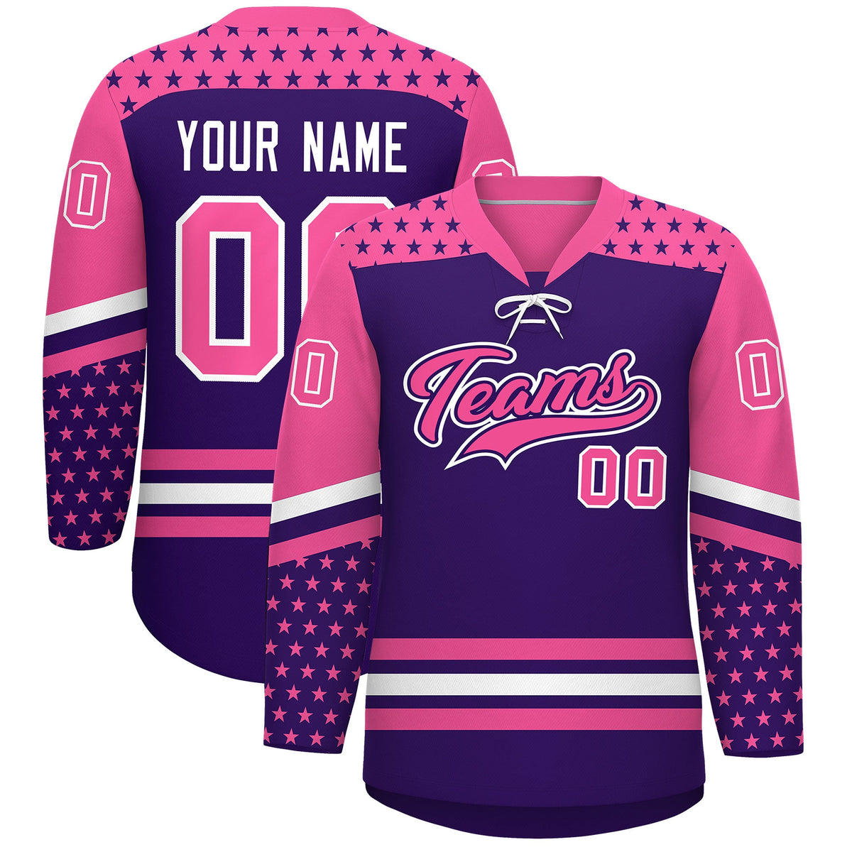 Custom Purple Pink White Star Series Personalization Lace-Up Neck Hockey Jersey| KXKSHOP