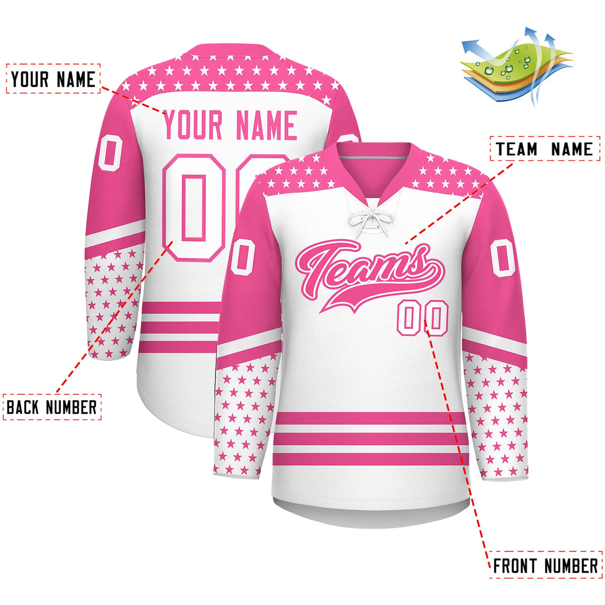 Custom White Pink Star Series Personalization Lace-Up Neck Hockey Jersey| KXKSHOP