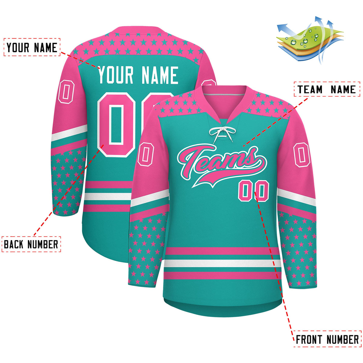Custom Aqua Pink White Star Series Personalization Lace-Up Neck Hockey Jersey| KXKSHOP