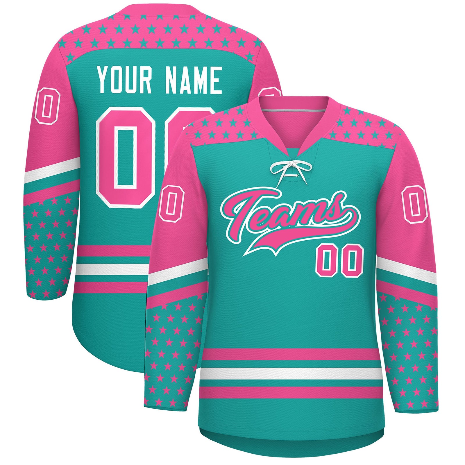 Custom Aqua Pink White Star Series Personalization Lace-Up Neck Hockey Jersey| KXKSHOP
