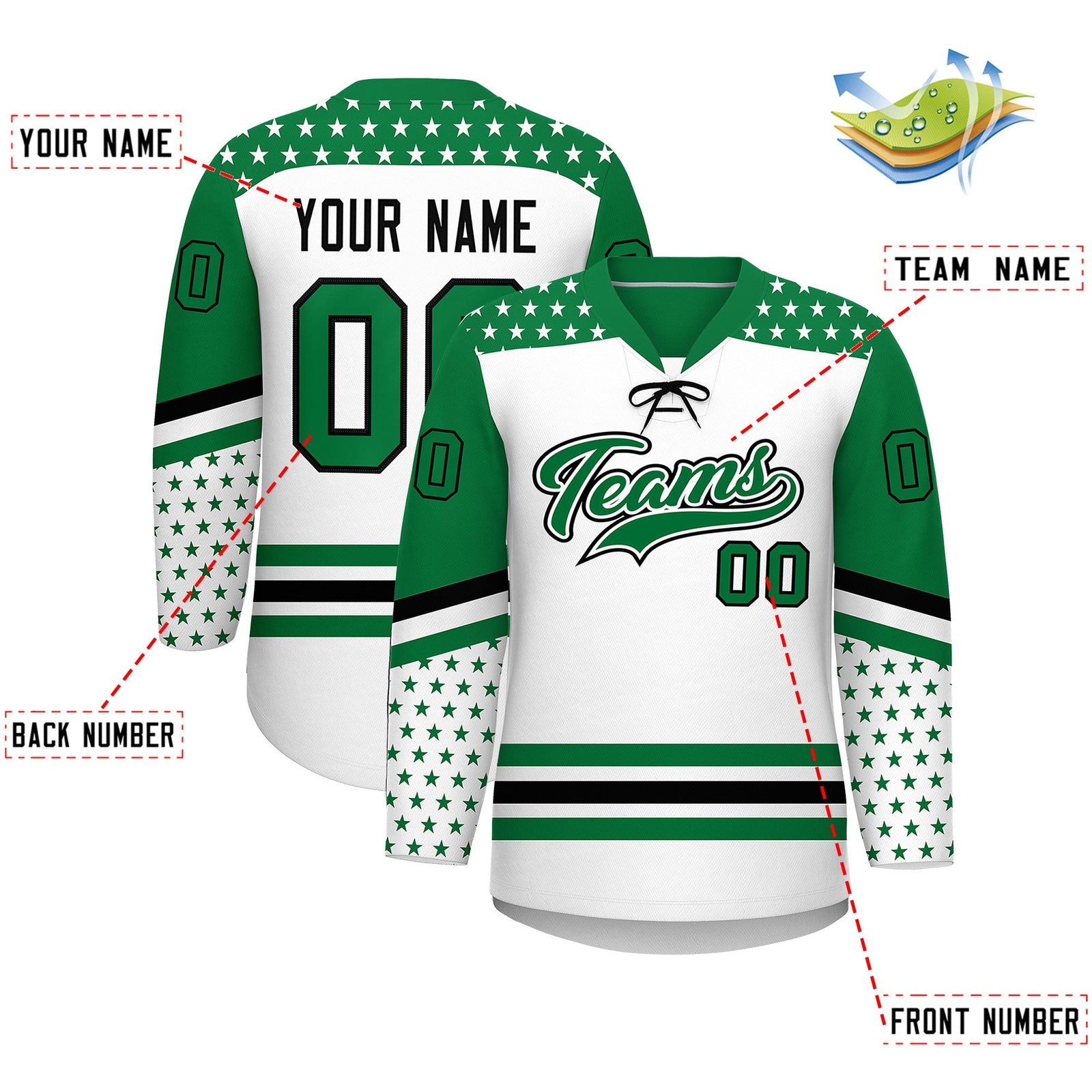 Custom White Kelly Green Black Star Series Personalization Lace-Up Neck Hockey Jersey| KXKSHOP